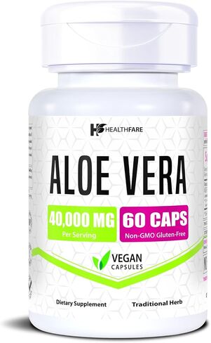 Healthfare Aloe Vera Capsules | 60 Vegan Pills | Inner Leaf Aloe Vera Extract Supplement | Non-GMO, Gluten-Free | Made in USA in Kuwait