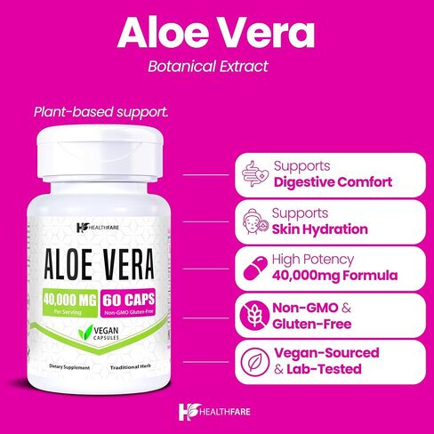 Healthfare Aloe Vera Capsules | 60 Vegan Pills | Inner Leaf Aloe Vera Extract Supplement | Non-GMO, Gluten-Free | Made in USA in Kuwait