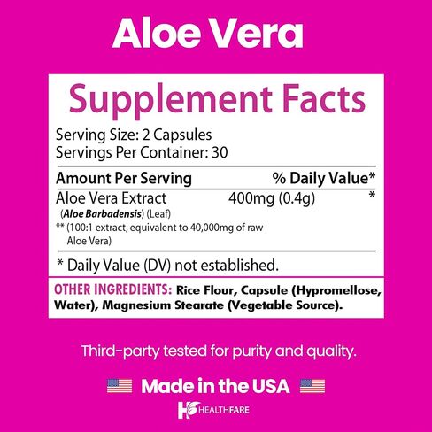 Healthfare Aloe Vera Capsules | 60 Vegan Pills | Inner Leaf Aloe Vera Extract Supplement | Non-GMO, Gluten-Free | Made in USA in Kuwait