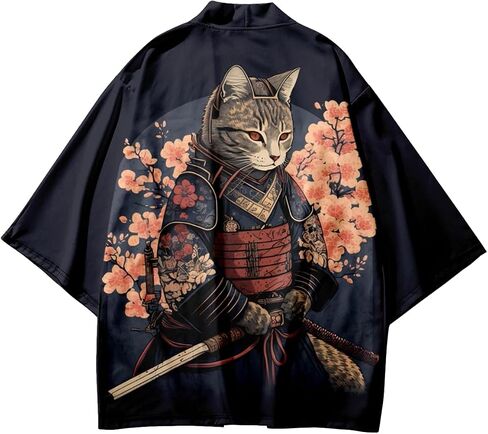 GK-O Unisex Samurai Cat Kimono Cardigan Haori Jacket – Japanese Anime Cosplay Open Front Streetwear Festival Coat in Kuwait