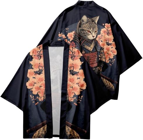 GK-O Unisex Samurai Cat Kimono Cardigan Haori Jacket – Japanese Anime Cosplay Open Front Streetwear Festival Coat in Kuwait