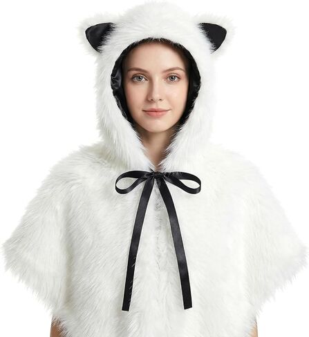 HAOAN Faux Fur Hooded Shawl Furry Winter Warmer Wraps for Themed Party Photo Prop Halloween Costume Accessory in Saudi Arabia