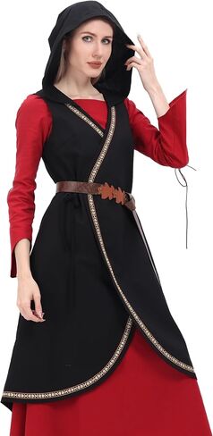 US Size Medieval Viking Celtic Cloak Hooded Sleeveless Surcoat with Leather Belt for Women Renaissance Costume in Saudi Arabia