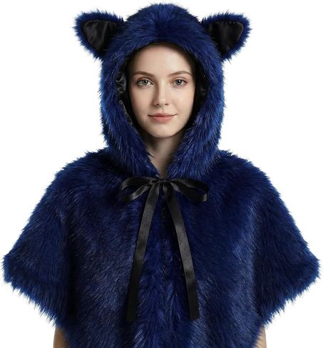 HAOAN Faux Fur Hooded Shawl Furry Winter Warmer Wraps for Themed Party Photo Prop Halloween Costume Accessory in Saudi Arabia