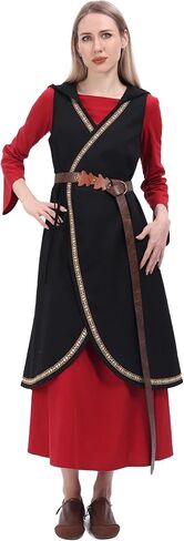 US Size Medieval Viking Celtic Cloak Hooded Sleeveless Surcoat with Leather Belt for Women Renaissance Costume in Saudi Arabia
