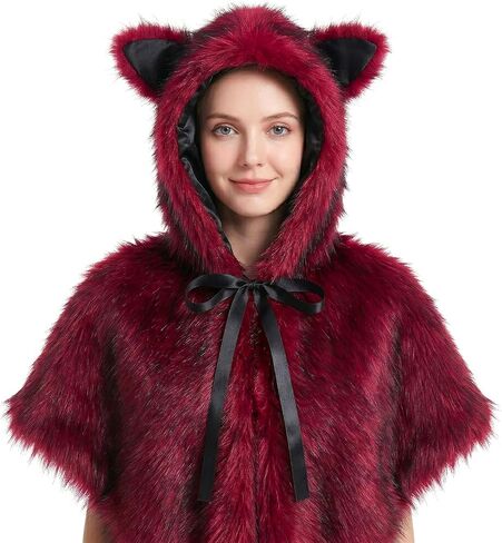 HAOAN Faux Fur Hooded Shawl Furry Winter Warmer Wraps for Themed Party Photo Prop Halloween Costume Accessory in Saudi Arabia