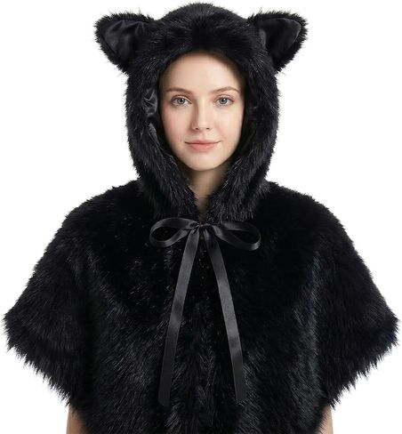 HAOAN Faux Fur Hooded Shawl Furry Winter Warmer Wraps for Themed Party Photo Prop Halloween Costume Accessory in Saudi Arabia