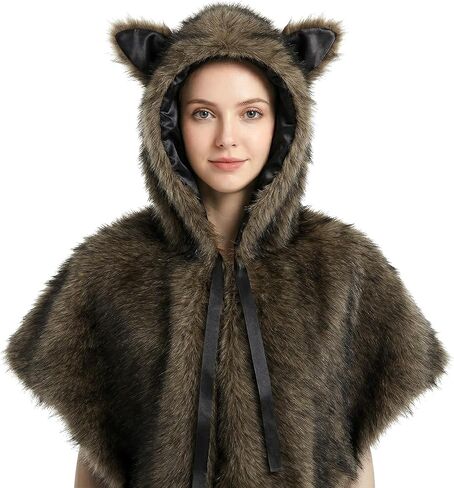 HAOAN Faux Fur Hooded Shawl Furry Winter Warmer Wraps for Themed Party Photo Prop Halloween Costume Accessory in Saudi Arabia