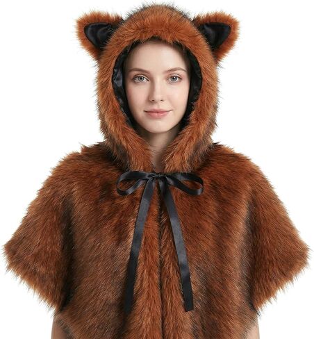 HAOAN Faux Fur Hooded Shawl Furry Winter Warmer Wraps for Themed Party Photo Prop Halloween Costume Accessory in Saudi Arabia
