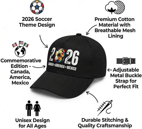 2026 Soccer Fan Hat - Canada America Mexico Hosting Memorabilia - Adjustable Baseball Cap with Artistic Football Graphic - Sports Tournament Souvenir Gift for Men & Women - Black in Saudi Arabia