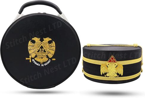 Masonic 32nd Degree Scottish Rite Cap with Carrying Case Set - Wings Down Royal Secret Regalia - Black & Gold Bullion Embroidery (Adjustable to Fit for All Head Sizes) in Kuwait