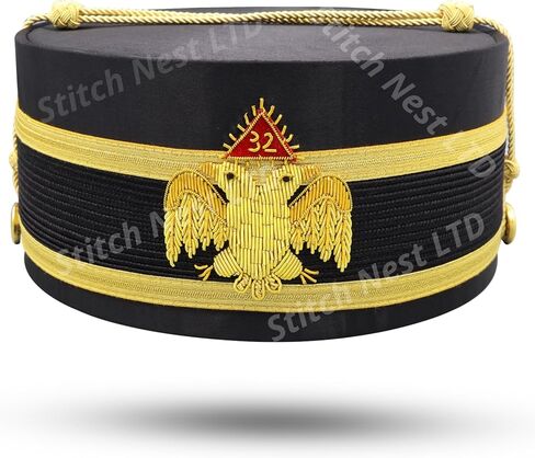 Masonic 32nd Degree Scottish Rite Cap with Carrying Case Set - Wings Down Royal Secret Regalia - Black & Gold Bullion Embroidery (Adjustable to Fit for All Head Sizes) in Kuwait