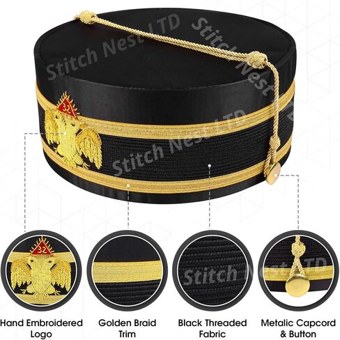 Masonic 32nd Degree Scottish Rite Cap with Carrying Case Set - Wings Down Royal Secret Regalia - Black & Gold Bullion Embroidery (Adjustable to Fit for All Head Sizes) in Kuwait