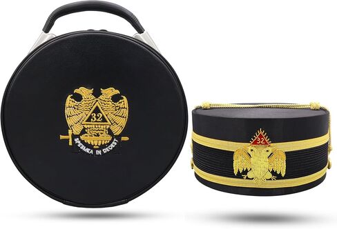 Masonic 32nd Degree Scottish Rite Cap with Carrying Case Set - Wings Down Royal Secret Regalia - Black & Gold Bullion Embroidery (Adjustable to Fit for All Head Sizes) in Kuwait