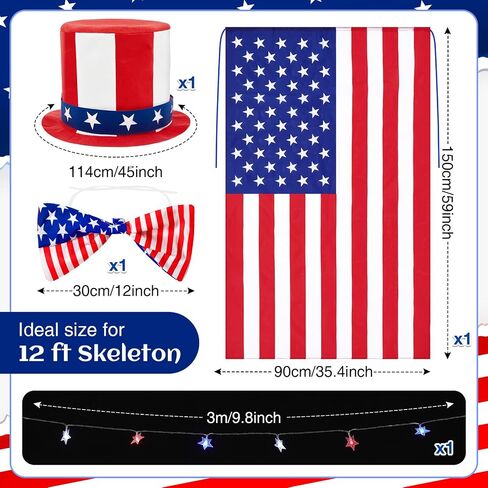 Geyoga 4 Pcs 4th of July 12 ft Skeleton Outfit Accessories Set Patriotic White Red Blue Hat Bowtie American Flag String Light Giant Skull Costume for 250th Anniversary Garden Lawn Outdoor Decor in Kuwait