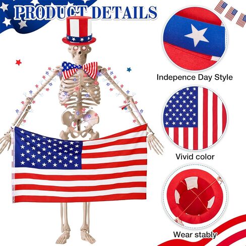 Geyoga 4 Pcs 4th of July 12 ft Skeleton Outfit Accessories Set Patriotic White Red Blue Hat Bowtie American Flag String Light Giant Skull Costume for 250th Anniversary Garden Lawn Outdoor Decor in Kuwait