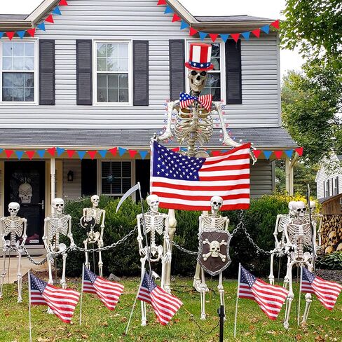 Geyoga 4 Pcs 4th of July 12 ft Skeleton Outfit Accessories Set Patriotic White Red Blue Hat Bowtie American Flag String Light Giant Skull Costume for 250th Anniversary Garden Lawn Outdoor Decor in Kuwait