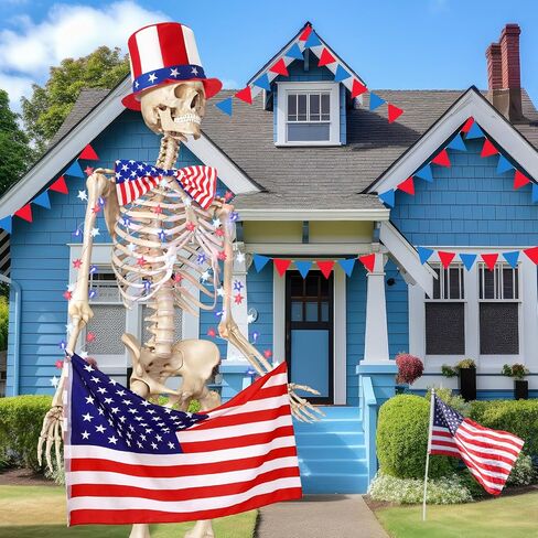 Geyoga 4 Pcs 4th of July 12 ft Skeleton Outfit Accessories Set Patriotic White Red Blue Hat Bowtie American Flag String Light Giant Skull Costume for 250th Anniversary Garden Lawn Outdoor Decor in Kuwait
