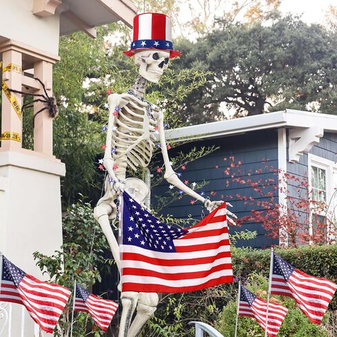 Geyoga 4 Pcs 4th of July 12 ft Skeleton Outfit Accessories Set Patriotic White Red Blue Hat Bowtie American Flag String Light Giant Skull Costume for 250th Anniversary Garden Lawn Outdoor Decor in Kuwait