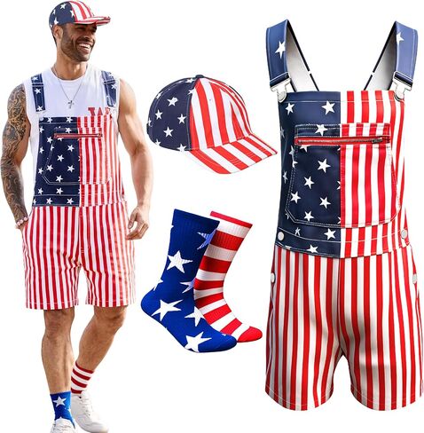 Yuanbang American Flag Overalls Men,250th Anniversary USA Hat,Red White Blue Socks,3 Pcs Memorial Day 4th of July Outfits in Saudi Arabia