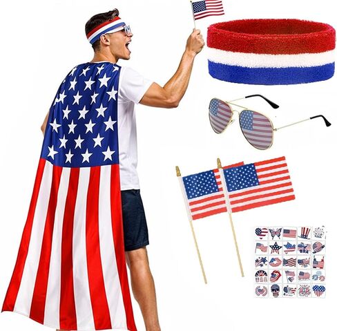AKTVSHOW American Flag Costume Cape 4th of July Outfits for Men Women: Patriotic Costume Accessory Sets for Independence Day, USA Sunglasses, Red White Blue Headband & Stickers for 250th Anniversary in Kuwait