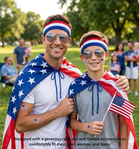 AKTVSHOW American Flag Costume Cape 4th of July Outfits for Men Women: Patriotic Costume Accessory Sets for Independence Day, USA Sunglasses, Red White Blue Headband & Stickers for 250th Anniversary in Kuwait