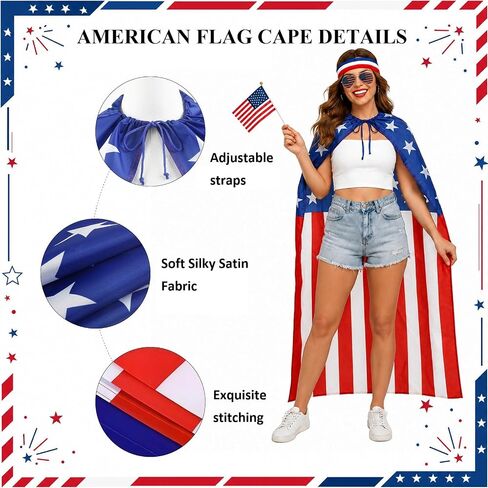 AKTVSHOW American Flag Costume Cape 4th of July Outfits for Men Women: Patriotic Costume Accessory Sets for Independence Day, USA Sunglasses, Red White Blue Headband & Stickers for 250th Anniversary in Kuwait