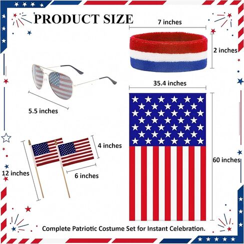 AKTVSHOW American Flag Costume Cape 4th of July Outfits for Men Women: Patriotic Costume Accessory Sets for Independence Day, USA Sunglasses, Red White Blue Headband & Stickers for 250th Anniversary in Kuwait