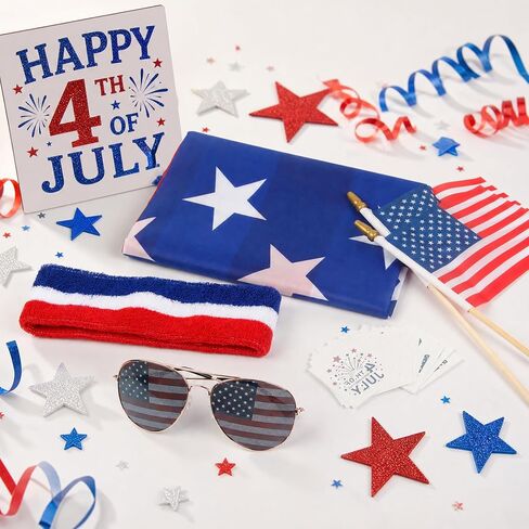 AKTVSHOW American Flag Costume Cape 4th of July Outfits for Men Women: Patriotic Costume Accessory Sets for Independence Day, USA Sunglasses, Red White Blue Headband & Stickers for 250th Anniversary in Kuwait