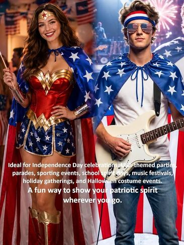 AKTVSHOW American Flag Costume Cape 4th of July Outfits for Men Women: Patriotic Costume Accessory Sets for Independence Day, USA Sunglasses, Red White Blue Headband & Stickers for 250th Anniversary in Kuwait