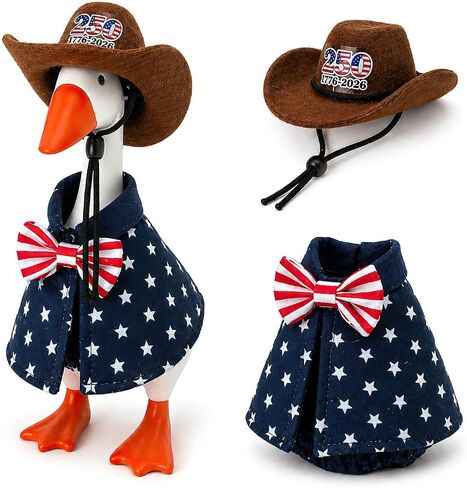 Patriotic 250th Independence Day Desktop Goose Outfit, Cowboy Hat and Star Cape Set for 7 Inch Goose Figurine, Red White Blue Mini Duck Costume for July 4 Tiered Tray Shelf Décor in Kuwait