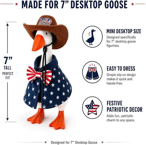Patriotic 250th Independence Day Desktop Goose Outfit, Cowboy Hat and Star Cape Set for 7 Inch Goose Figurine, Red White Blue Mini Duck Costume for July 4 Tiered Tray Shelf Décor in Kuwait