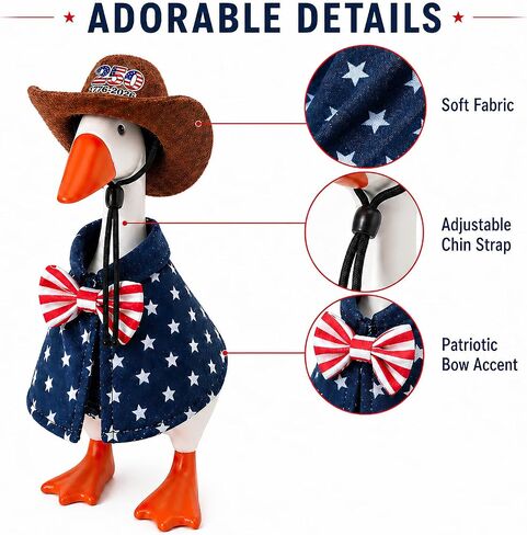 Patriotic 250th Independence Day Desktop Goose Outfit, Cowboy Hat and Star Cape Set for 7 Inch Goose Figurine, Red White Blue Mini Duck Costume for July 4 Tiered Tray Shelf Décor in Kuwait