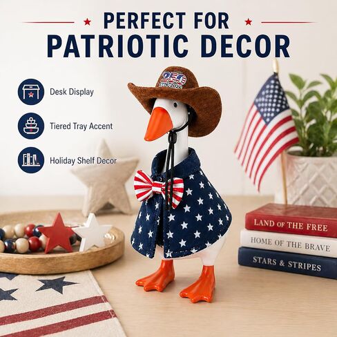 Patriotic 250th Independence Day Desktop Goose Outfit, Cowboy Hat and Star Cape Set for 7 Inch Goose Figurine, Red White Blue Mini Duck Costume for July 4 Tiered Tray Shelf Décor in Kuwait