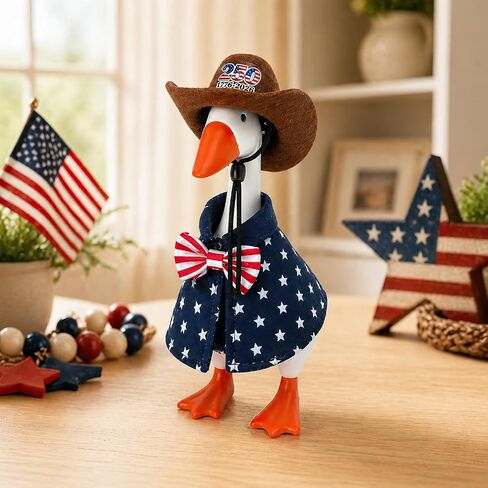 Patriotic 250th Independence Day Desktop Goose Outfit, Cowboy Hat and Star Cape Set for 7 Inch Goose Figurine, Red White Blue Mini Duck Costume for July 4 Tiered Tray Shelf Décor in Kuwait