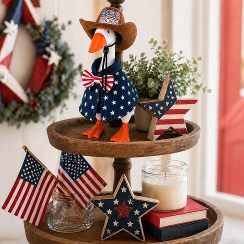 Patriotic 250th Independence Day Desktop Goose Outfit, Cowboy Hat and Star Cape Set for 7 Inch Goose Figurine, Red White Blue Mini Duck Costume for July 4 Tiered Tray Shelf Décor in Kuwait