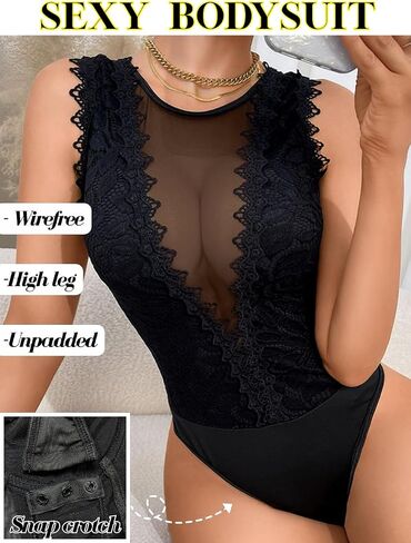 EHSUYAB Sexy Women Lace Bodysuit,Snap Crotch Floral Sleeveless Plunge V Lingerie Sheer Mesh Top, Party Date Night Club Outfit in Kuwait