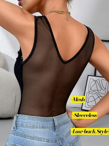 EHSUYAB Sexy Women Lace Bodysuit,Snap Crotch Floral Sleeveless Plunge V Lingerie Sheer Mesh Top, Party Date Night Club Outfit in Kuwait