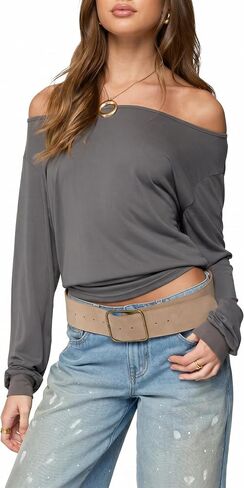 Women's Off Shoulder Oversized Long Sleeve Top Soft Body Slouchy Blouse with Ribbed Cuffs in Saudi Arabia