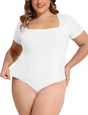 FOREYOND Plus Size Bodysuits for Women Short Sleeves Square Neck Body Suit Tops Casual Basic Slim Fit Shirts Leotards in Kuwait
