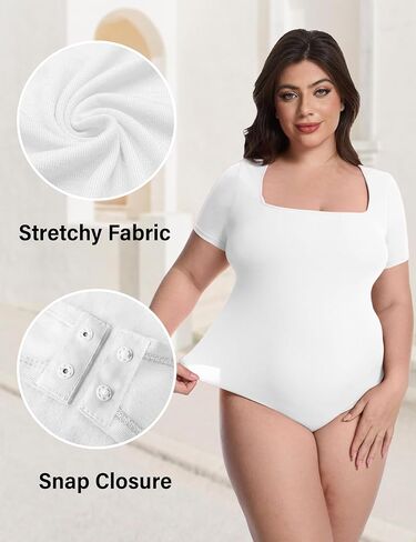 FOREYOND Plus Size Bodysuits for Women Short Sleeves Square Neck Body Suit Tops Casual Basic Slim Fit Shirts Leotards in Kuwait