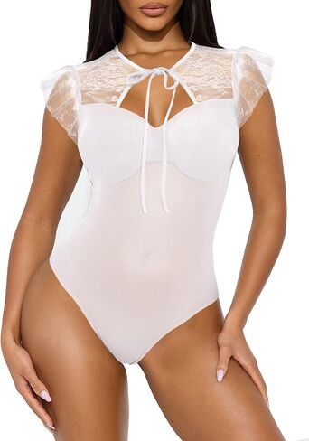 Lrady Women's Sheer Lace Mesh See Through Bodysuit Keyhole Tie V Neck Cap Sleeve Sexy Going Out Clubwear Tops in Saudi Arabia