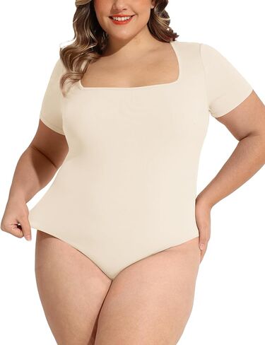FOREYOND Plus Size Bodysuits for Women Short Sleeves Square Neck Body Suit Tops Casual Basic Slim Fit Shirts Leotards in Kuwait