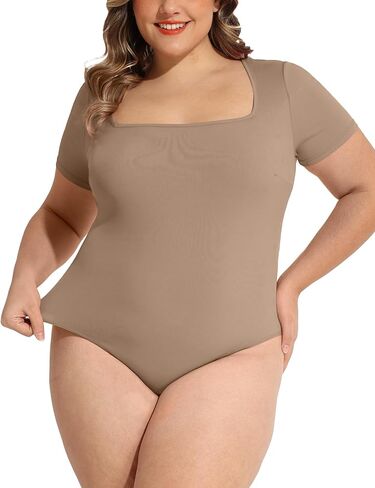 FOREYOND Plus Size Bodysuits for Women Short Sleeves Square Neck Body Suit Tops Casual Basic Slim Fit Shirts Leotards in Kuwait