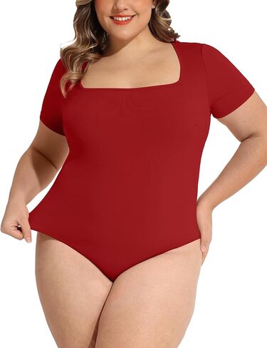 FOREYOND Plus Size Bodysuits for Women Short Sleeves Square Neck Body Suit Tops Casual Basic Slim Fit Shirts Leotards in Kuwait