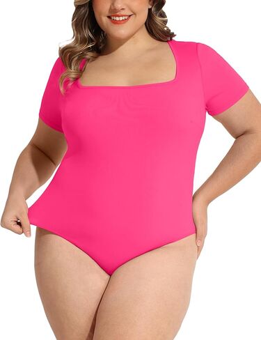 FOREYOND Plus Size Bodysuits for Women Short Sleeves Square Neck Body Suit Tops Casual Basic Slim Fit Shirts Leotards in Kuwait