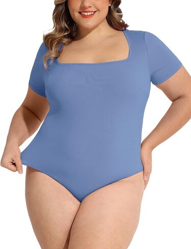 FOREYOND Plus Size Bodysuits for Women Short Sleeves Square Neck Body Suit Tops Casual Basic Slim Fit Shirts Leotards in Kuwait
