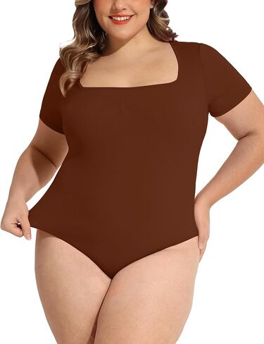 FOREYOND Plus Size Bodysuits for Women Short Sleeves Square Neck Body Suit Tops Casual Basic Slim Fit Shirts Leotards in Kuwait