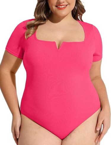 FOREYOND Plus Size Bodysuits for Women Short Sleeves Square Neck Body Suit Tops Casual Basic Slim Fit Shirts Leotards in Kuwait