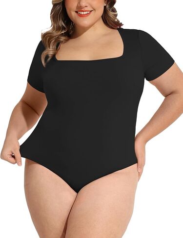 FOREYOND Plus Size Bodysuits for Women Short Sleeves Square Neck Body Suit Tops Casual Basic Slim Fit Shirts Leotards in Kuwait
